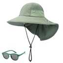 Baby Sun Hat Toddler Kids Boys Girls Wide Brim Beach Hats with Sunglasses UPF 50+ Plain Caps with Neck Flap (3-24 Months, Blue)