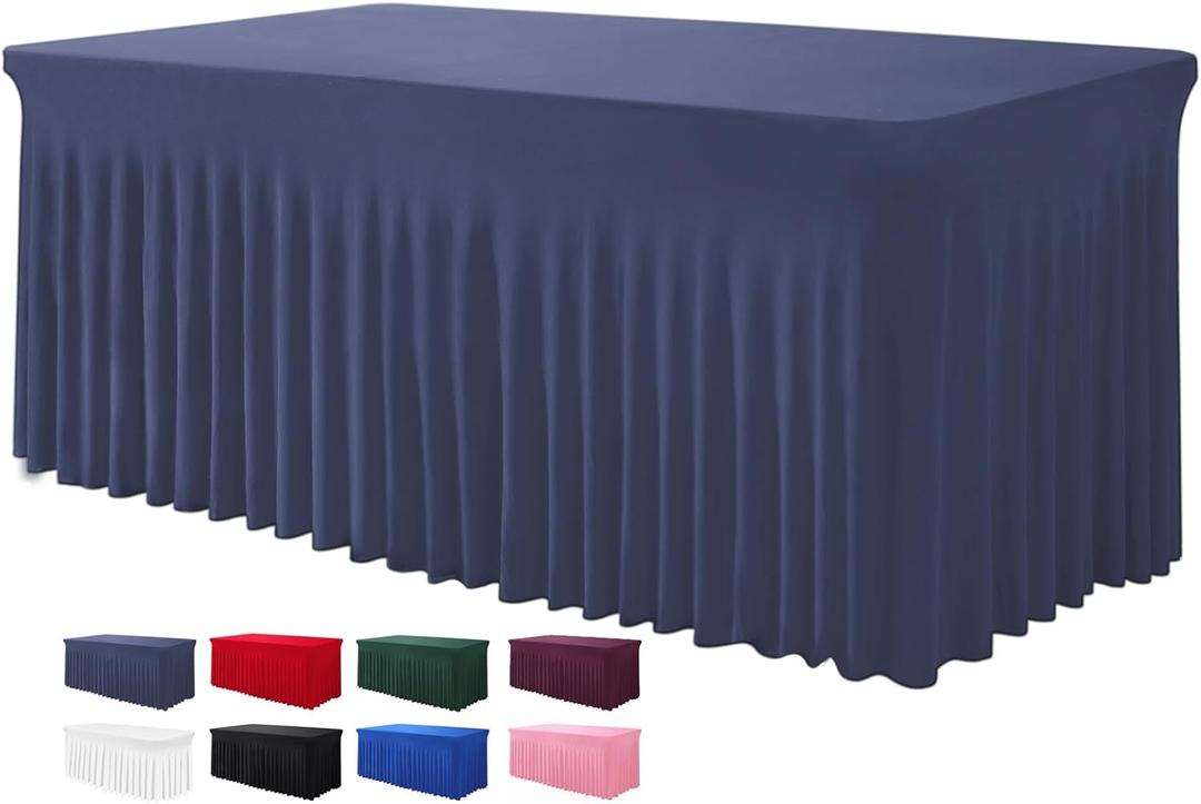 Table Skirts for Rectangle Tables 8ft - One-Piece Navy Blue Tablecloths and Skirt, Wrinkle Resistant Ruffles Elastic Cover for Banquets, Weddings, Events, Parties (96" x 30" (Rectangular))