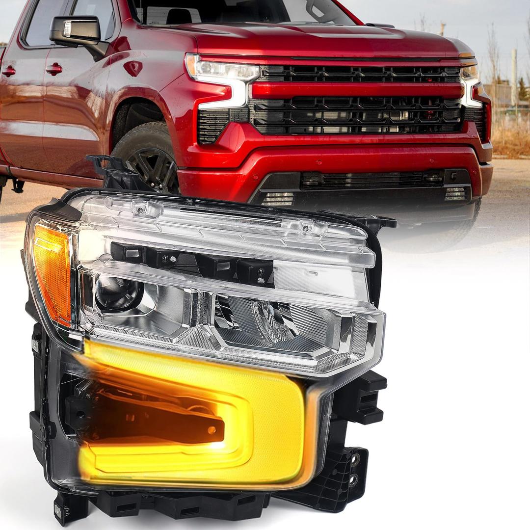 VLINCAR LED Headlight Compatible with Chevy Silverado 1500 2022 2023 2024 LT/RST Model w/Amber Animation Head Light Lamp Chrome Bezel 87828576 87828581 Right Passenger Side