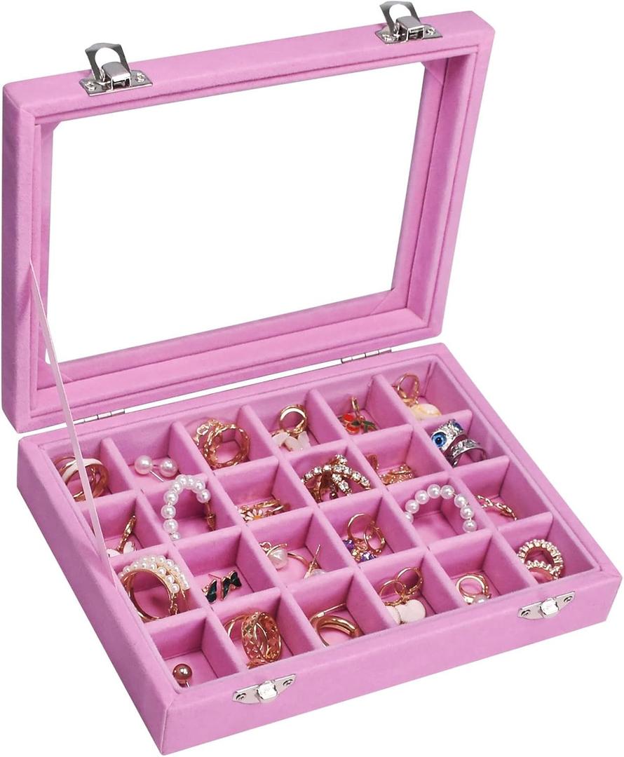 Velvet Jewelry Box 24 Grid Jewelry Ring Display Organiser Box Tray Holder Earrings Storage Case for Girls Wife Mom Women (Pink)
