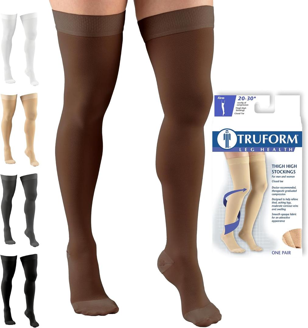 Truform 20-30 mmHg Compression Stockings for Men and Women, Thigh High Length, Dot Top, Closed Toe, Brown, 2X-Large