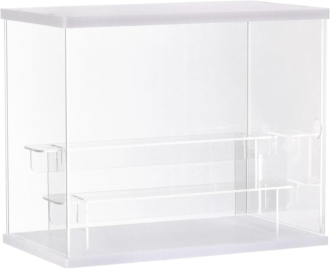 MECCANIXITY Clear Acrylic Display Case with LED Light 2 Tier Dustproof Showcase Assemble Cube Display Boxes Stand for Collectibles, Action Figures (12.6x7.09x10.43) White