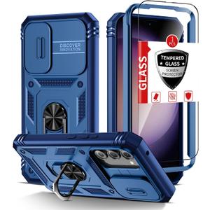 Compatible with Samsung Galaxy S23 Case with 1 Screen Protector,Built-in 360 Kickstand Ring,with Camera Cover Dustproof Shockproof Military Grade Drop Heavy Duty Protection Phone Bumper,Blue