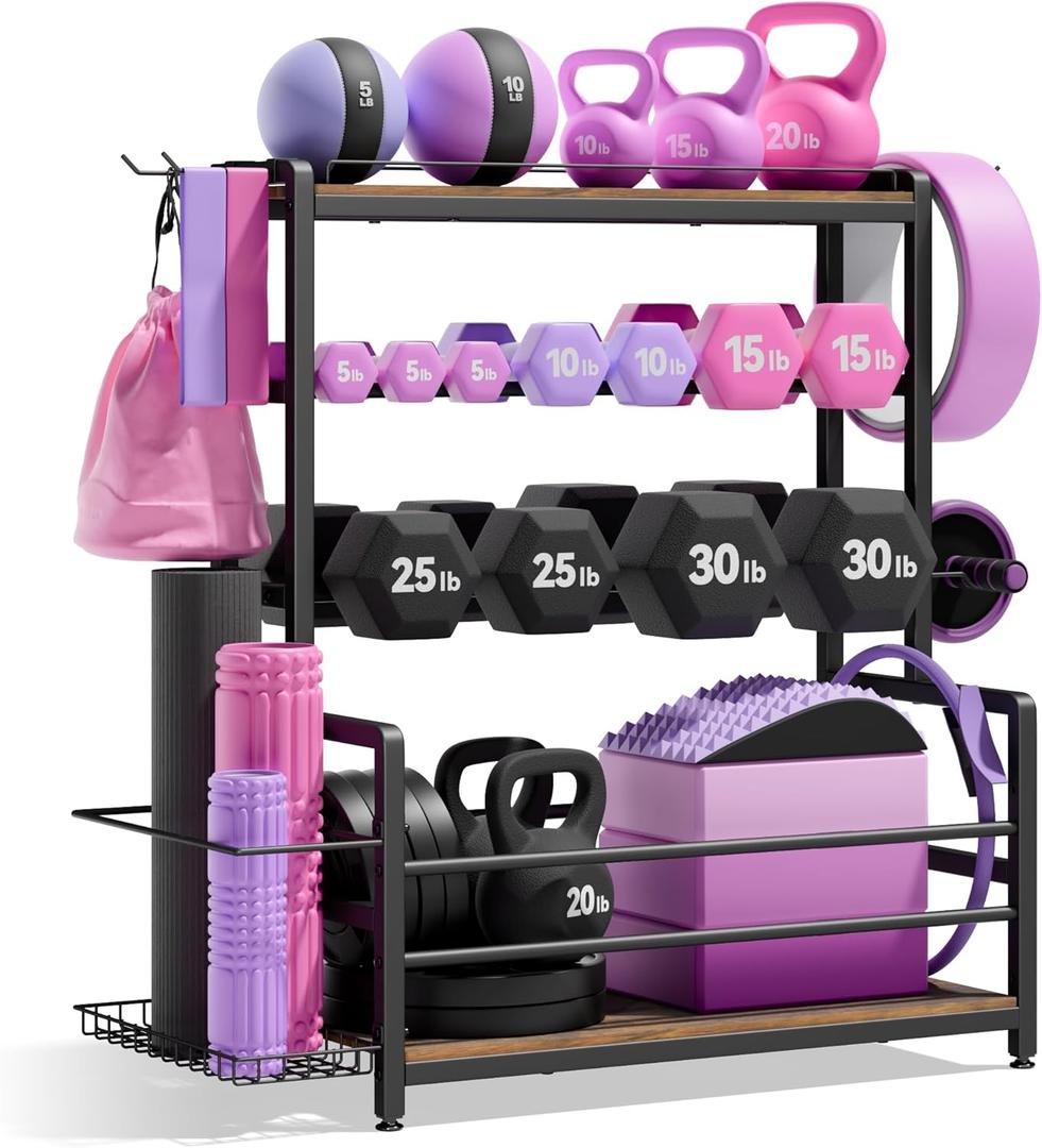 Gym Home Equipment Weight Rack – 3‑Tier Workout Storage Stand for Dumbbells & Kettlebells, Medicine Ball Holder, Steel Organizer with Side Basket, Hooks