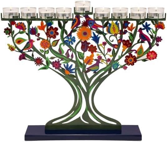 Yair Emanuel Tree of Life Large Hanukkah Menorah for Tea Light Candles - 19.7" - Laser Cut Metal with Hand-Painted Birds and Flowers Judaica Gift