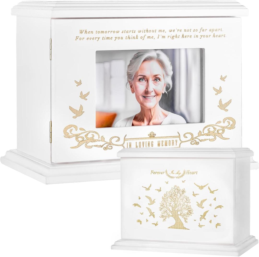 Cremation Urns for Human Ashes Adult Male or Female, Urn for Ashes for Women, Wooden Picture Frame Urns Box and Casket, Funeral Memorial Urns Box, Men Women Child, Holds 255 lbs (White)