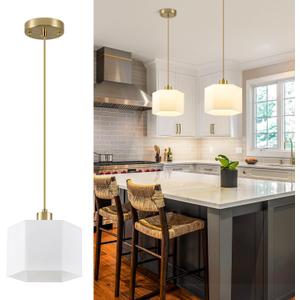 Milk Glass Pendant Lights Kitchen Island 2 Pack, Modern Gold Hanging Light Fixture, Mid-Century Hexagonal Ceiling Lamp, Mini Farmhouse Chandelier for Dining Room Sink Bathroom Bedroom Hallway