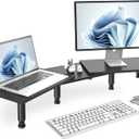AX WABER Dual Monitor Stand Riser, Monitor Stand with Adjustable Height Steel leg, Wood Monitor Stand for Desk, Monitor Riser for 2 Monitors with Storage Space Black