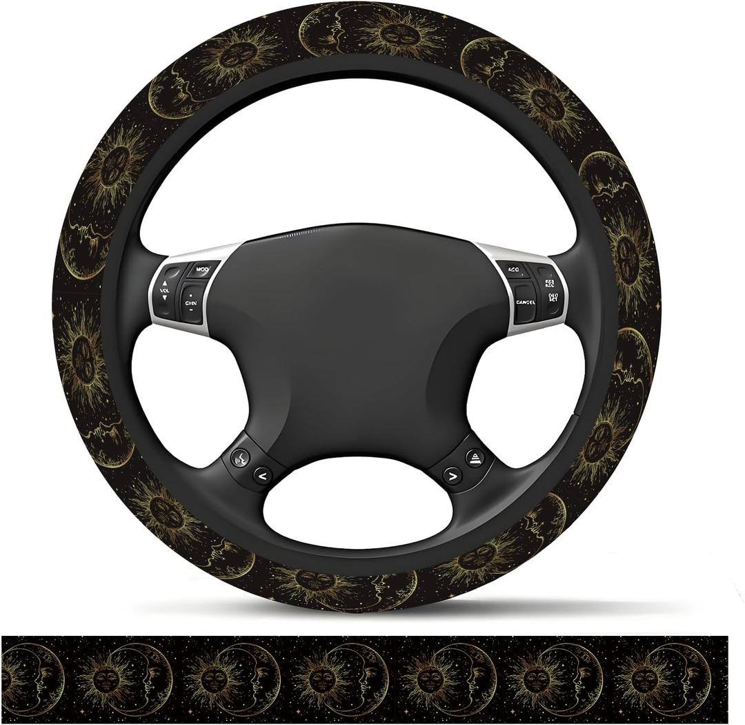 2 x Elastic Car Steering Wheel Cover, Universal 15 inch Non-Slip Breathable Neoprene Steering Wheel Protector, Car Accessories for Women Men Fit Auto, Suvs, Truck Golden Sun Moon