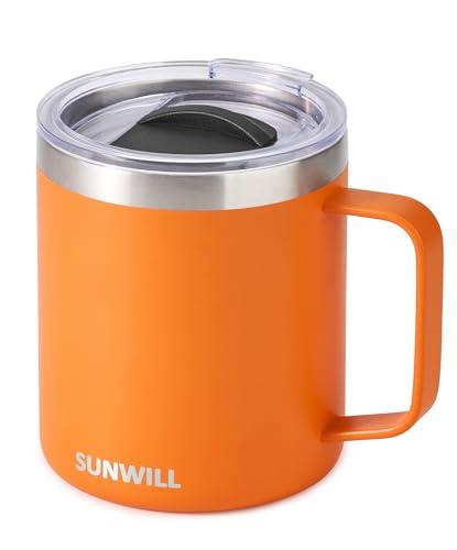 SUNWILL Insulated Coffee Mug with Lid, Travel Tumbler with Handle, 14 oz Stainless Steel Cup for Camping, Office, Home, Powder Coated Orange