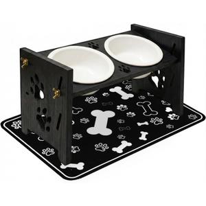 2026 New Elevated Cat Bowls with Food Mat, Adjustable Height & Angle Raised Cat & Dog Bowls Stand for Food and Water, Cat or Small Dog Feeding Station, 2 Ceramic Bowls for Cats and Puppy(Black Wood)