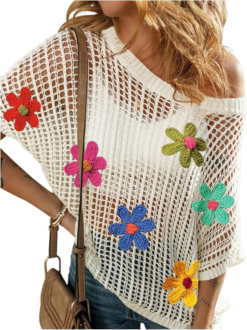 Women's Floral Crochet Tops Hollow Out Dolman Sleeve Applique Sweater Boho Summer Spring Top (Large, White)
