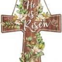Tiamon He is Risen Door Hanger Wooden Easter Door Sign Greenery Print Cross Hanging Sign Religious Easter Hanging Decorations for Wall Home Indoor Outdoor Spring Decor Supplies, 13 x 10.6 Inch