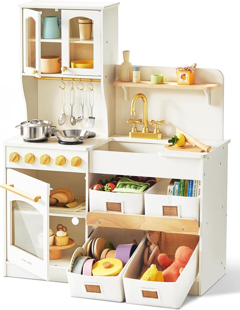 Tiny Land Wooden Play Kitchen for Kids  Enhanced Storage with Cabinets & Bins, Modern Toddler Kitchen Playset with Stove, Sink & Accessories (Cream)