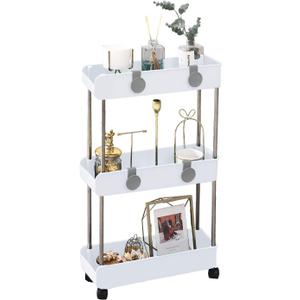 3-Tier Slim Mobile Shelving Unit on Wheels, Slide Out Rolling Bathroom Storage Organizer, Utility Carts Shelf Rack for Kitchen Bathroom Laundry Room Narrow Places, White