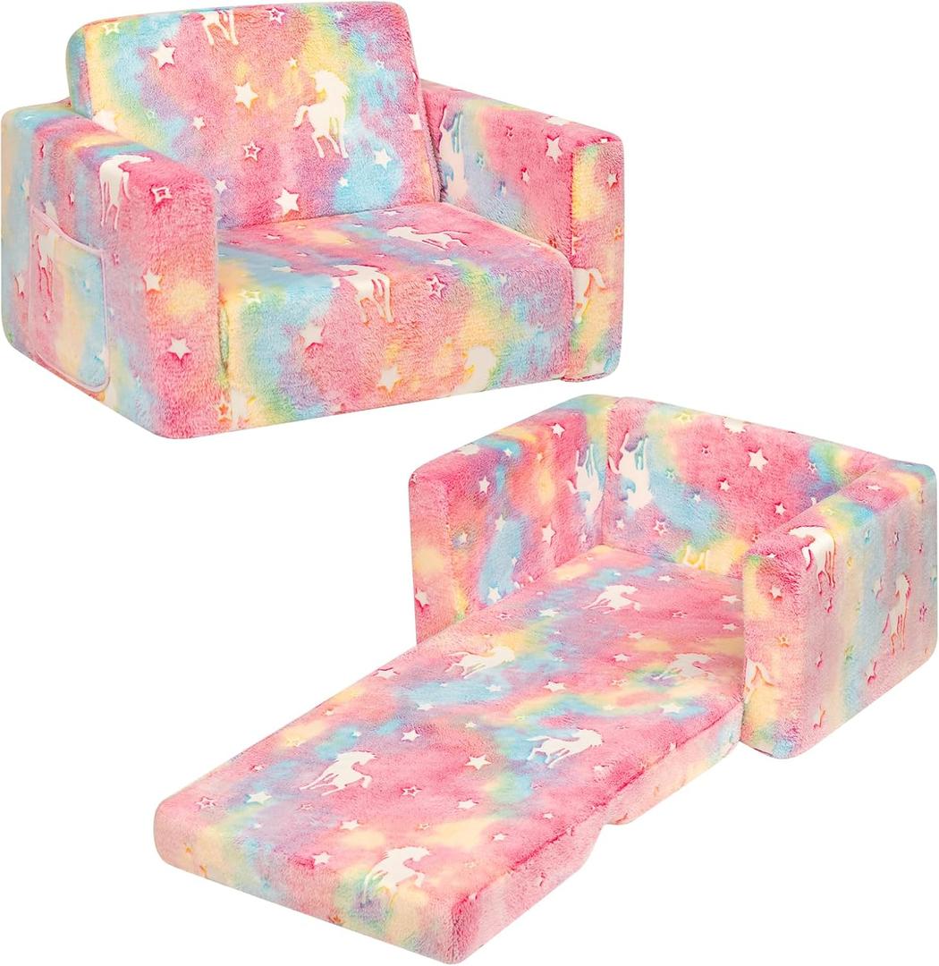 ALIMORDEN 2-in-1 Flip Out Cuddly Sherpa Toddler Couch, Convertible Sofa to Lounger,Glow-in-The-Dark Unicorn Pattern (Armchair)