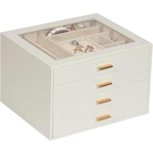 Jewelry Box with Glass Lid, 4-Layer Jewelry Organizer for Women Girls, PU Leather Display Case with 20-Grid Earring Tray & Movable Dividers for Necklaces Rings - Cloud White