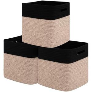Storage Cubes 11 Inch Cotton Rope Woven Baskets for Organizing, 3-Pack Cube Storage Bin | Square Baskets for Shleves, Closet, Baby Nursery Bins, Black & Brown
