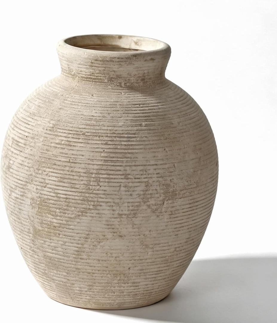 Retro Ceramic Vase, 7.5 Inch Farmhouse Rustic Pot, Vintage Table Centerpiece for Living Room, Dining Room Office Desk Bookshelf & Fireplace Decor