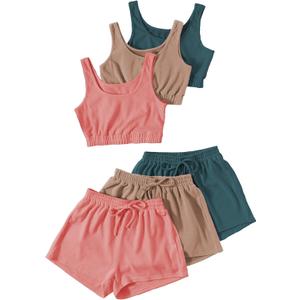 GORGLITTER Women's 6 Pieces Going Out Outfits Cute Crop Tank Top and Shorts Sets Summer Vacation Beach Cruise Clothes (Large, Blue Brown Pink)