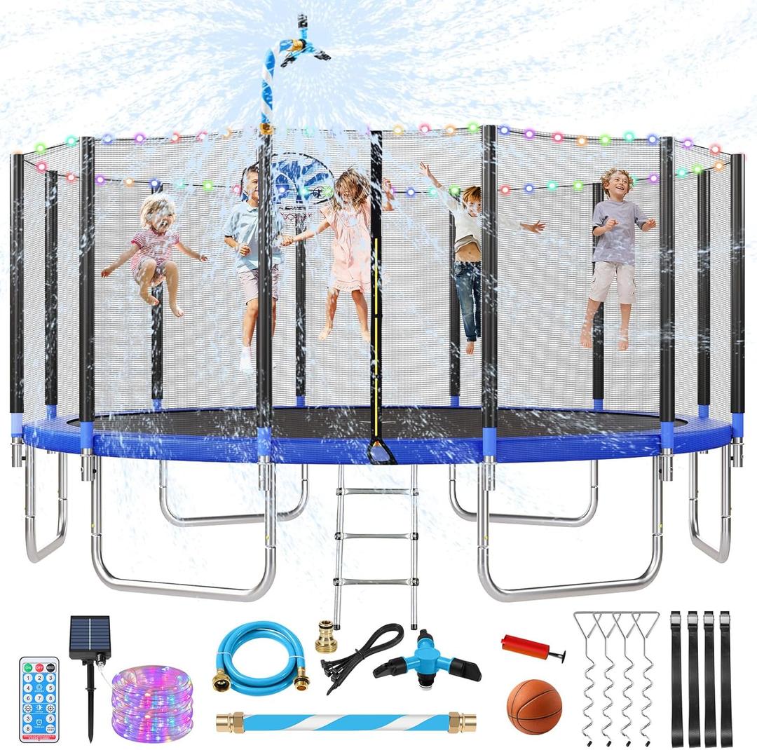 Lyromix Upgraded Trampoline with Lights, Large Outdoor Trampoline with Sprinkler,Basketball Hoop and Net, Capacity for 5-8 Kids and Adults