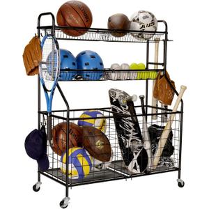 Garage Sports Equipment Organizer, Ball Storage Rack, Toy Storage, Nerf Gun Organization on Wheels for School, Garage, Black, Steel