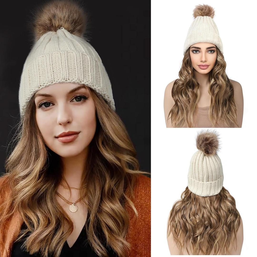 REECHO Beanie Wig Hair Extensions, Warm Knitted Beanie Hat with Hair 12" Beach Wavy Hair Extension Synthetic Hairpiece for Women - Beige Beanie, Light Brown with Highlights Hair