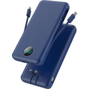 Portable Charger 13800mAh Slim USB C Power Bank with Built in Cables and Wall Plug,LCD Display Lightweight Travel Battery Pack,PD Fast Charging Compatible with iPhone 15,14,Samsung Android-Navy