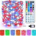 BrizLabs July 4th Fairy Lights, 66ft 200 LED Color Changing Fairy Lights with Remote, Plugin Red White Blue Twinkle Light RGB Rainbow Starry Xmas Light Music Sync for Xmas Halloween Home Party Wedding
