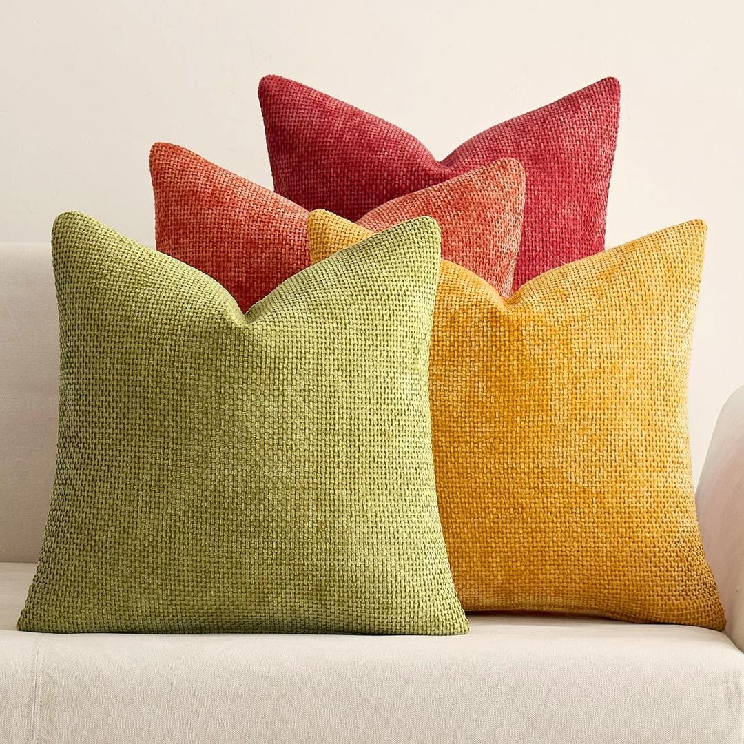 MIULEE Pack of 4 Fall Burnt Orange Couch Throw Pillow Covers 18x18 Inch Yellow Green Soft Decorative Chenille Pillows Farmhouse Accent Cushions for Boho Home Decor Spring Sofa Bedroom Living Room
