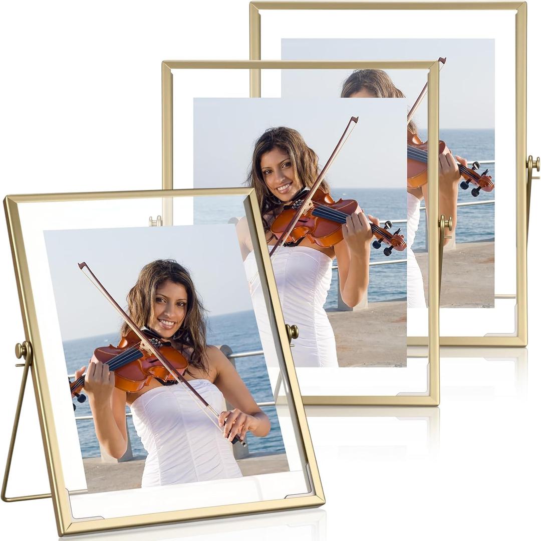 Amyhill 3 Set Gold Floating Picture Frame 7x9 Inch for Picture Sizes 5x7,4x6, 6x8, Vertical Tabletop Display Metal Floating Frame Classy Gift for Wedding Birthday Christmas Home Office Decor