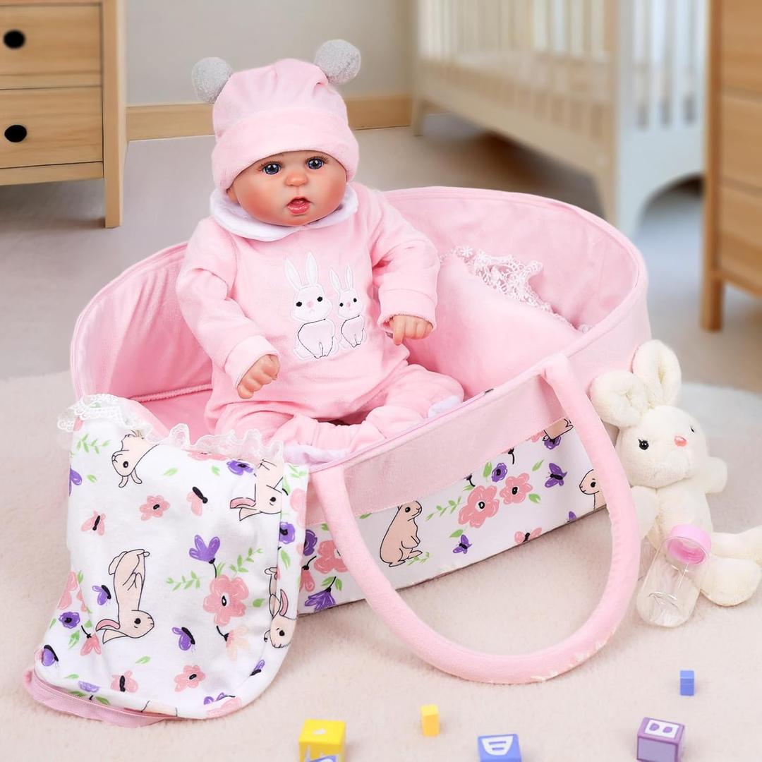 BABESIDE 8 Pcs Reborn Baby Doll Clothes with Bassinet for 17-22 Inch Baby Dolls, Baby Dolls Clothes Doll Accessories Set with Bunny Toy for Newborn Baby Dolls Girl (Not Doll)