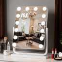 Vanity Mirror with Lights, 18"×15" Hollywood Makeup Mirror with 14 Dimmable Bulbs, 3-Color Lighting, Dimmable, 360° Rotation, 10x Magnification, Desk Mirror, Bedroom (White)