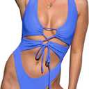 CHYRII Women's Sexy Cutout Lace Up Backless High Cut One Piece Swimsuit Monokini (Blue, L)