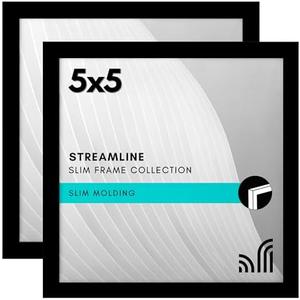 Americanflat 5x5 Picture Frame with Shatter-Resistant Glass - Set of 2 - Streamline Collection - Thin Border Square Frame for Tabletop and Wall - Hanging Hardware and Easel Stand Included - Black