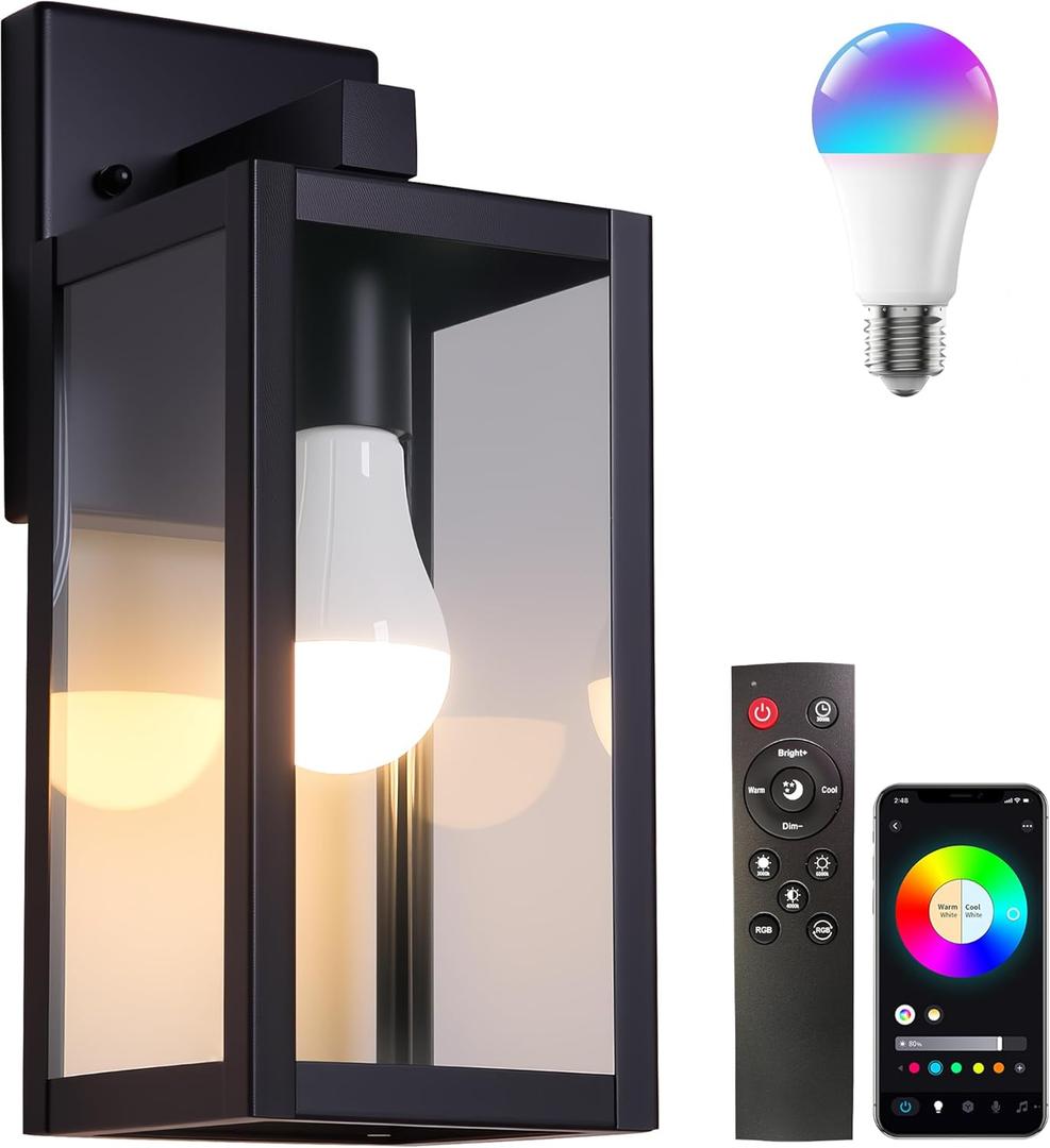 Outdoor Wall Light with Smart Bulb Exterior Lighting Fixtures Waterproof Porch Lights Outdoor Anti-Rust Wall Lantern with Clear Glass Outside Lights for House Front Door Sconce Light (1 Pack, Multi-Functional(Smart Bulb included))