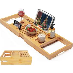 Foldable Bamboo Bathtub Caddy Tray Expandable for Luxury Bath, Bath Accessories & Table with Wine Glass Holder, Book Stand Bathroom Organizer with Extending Sides for Men/Women (Natural)