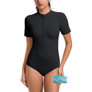 Beautikini Period Swimwear One Piece for Teens Short Sleeve Swimsuits Women UPF50+ Menstrual Leakproof Bathing Suit (Large, Black)