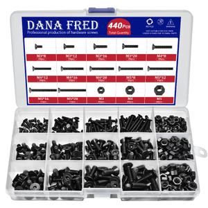 440 Pieces Flat Hex Socket Head Cap Screws Kit Metric Thread Hexagon Allen Head Drive Countersunk Machine Bolts Nuts Standard Fastener Hardware Assortment Kit Set Alloy Steel 10.9 Class Black M3 M4 M5
