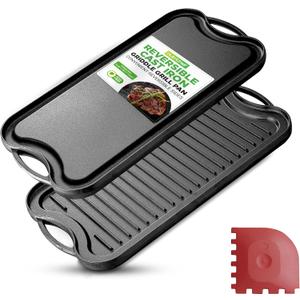 NutriChef 20"x10" Reversible Cast Iron Griddle Pan – Flat & Grill Sides, Pre-Seasoned, Oven Safe, Extra-Wide, PFOA & PFOS Free, for Gas, Electric, or Outdoor Cooking