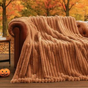 Amlie Home Faux Fur Throw Blanket for Couch, Cozy Fuzzy Fluffy Fur Luxurious Soft Striped Plush Gift Blankets for Family Sofa Chair Bedroom, 55"x70", Orange Brown