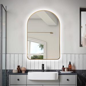 Niccy Arched LED Lighted Bathroom Mirror, 32x20 Inch Backlit Vanity Mirror with Lights Brushed Gold Framed Wall Mounted Mirrors with Dimmable 3 Color Shatterproof Arch Smart Fog Free Mirror