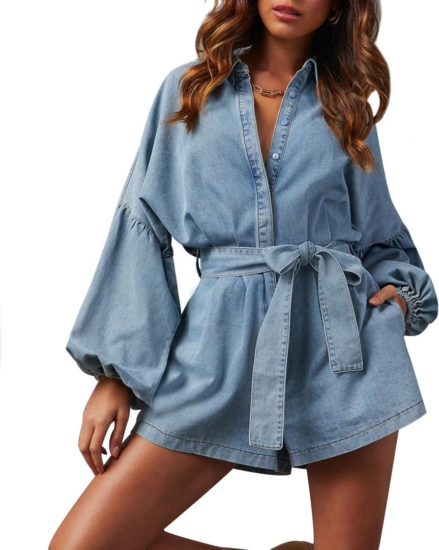 Lantern Long Sleeve Denim Romper for Women Elastic Waist Tie Front Short Jean Jumpsuit without Pocket (Medium, Light Blue)
