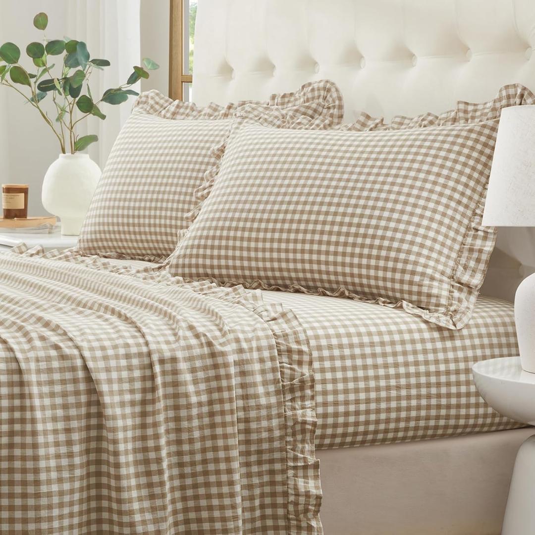 Ruffle Gingham Queen Sheet Set - 4 Piece Taupe Plaid Cotton Bed Sheets Queen Size - 16 Inch Deep Pocket Checkered Ruffled Sheets Farmhouse Decor - Linen-Feel & Breathable