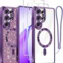 Meifigno Case Designed for Samsung Galaxy S25 Ultra 6.9 inch, [Compatible with MagSafe] [2X HD Screen Protectors] [Glitter Card & Wrist Strap] Full Lens Protection Case for Galaxy S25 Ultra, Purple