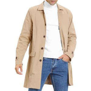 Mens Trench Coat Slim Fit Single Breasted Casual Long Jacket Lightweight Lapel Fall Windbreaker Overcoat (X-Large, Light Khaki)