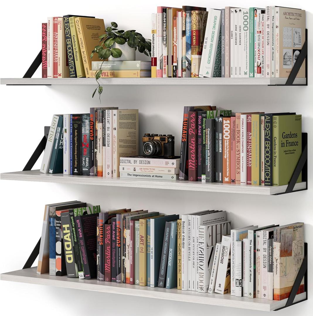 Floating Book Shelves, Set of 3, 36 Inches Wall Bookshelf, Long Large Deep Floating Shelves, Rustic Brown Wood Hanging Wall Shelves for Kitchen, Bedroom (Rustic White, 36Inches)