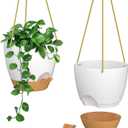 ZMTECH 10 Inch Hanging Planters for Indoor Outdoor Plants, 2 Pack Self Watering Hanging Plant Pots with Drainage Holes and Removable Saucer, Plastic Flower Hanging Pots with Watering Lip (White)