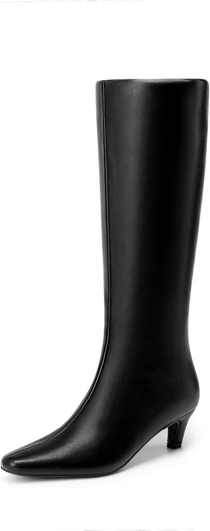 DREAM PAIRS Women Knee High Boots 2 Inch Kitten Heel Fashion Square Toe Wide Calf Long Boots (9, Black)