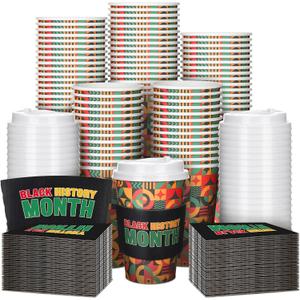 100 Sets Black History Month Disposable Coffee Cups with Lids and Sleeves Paper 12oz Coffee Travel Drinking Cups for Black History Month Party Supplies